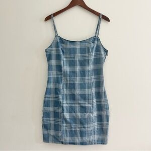NWT H&M Divided Y2k 90s Blue Plaid Thin Denim Dress Strappy Bodycon Large